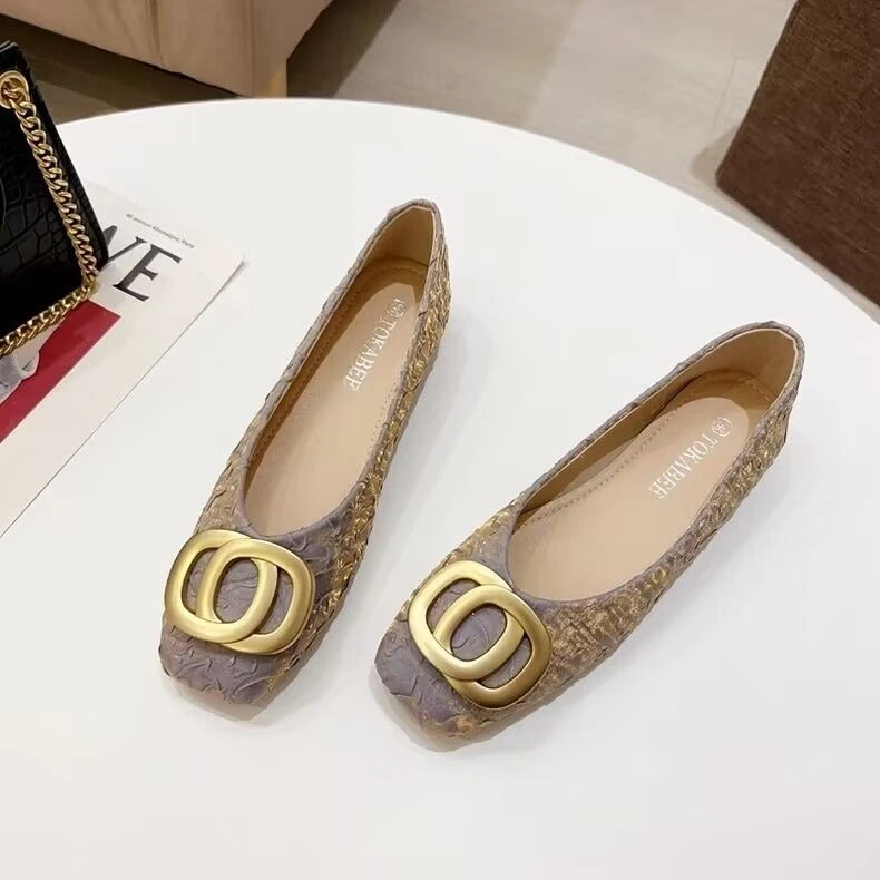 新百伦【断码】法式复古方头软底豆豆鞋女2025新款舒适百搭金属扣平