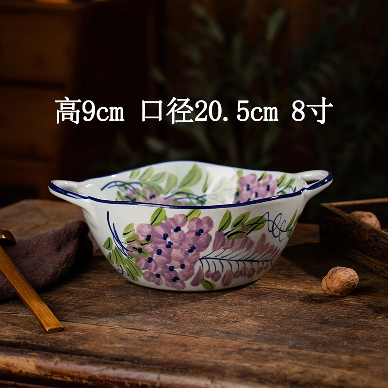 景德镇原创手绘高温釉下彩绿叶紫藤双耳大汤锅