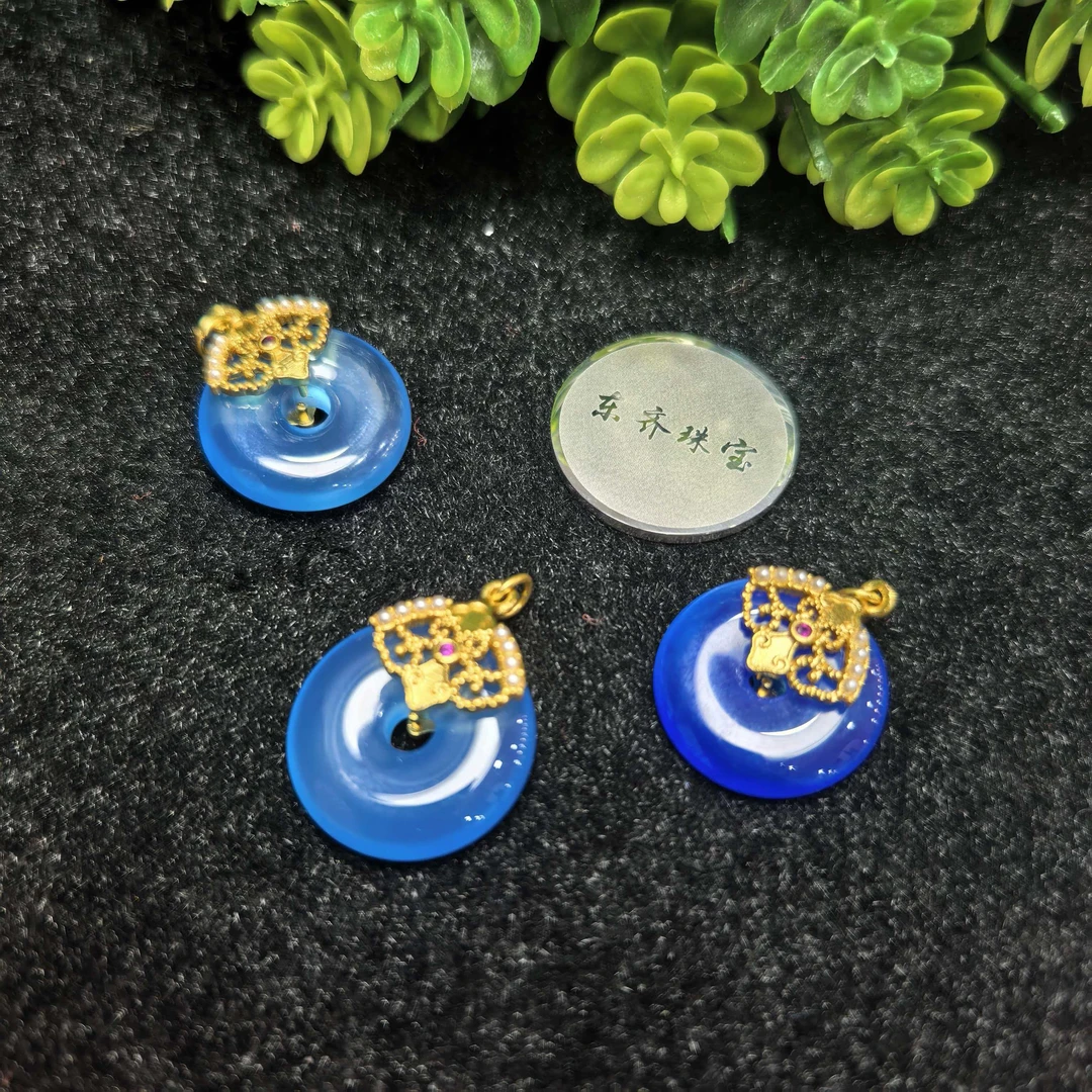 ST7467【东齐珠宝】海蓝之谜玛瑙蓝平安扣-配皮绳-多样性发只发一件