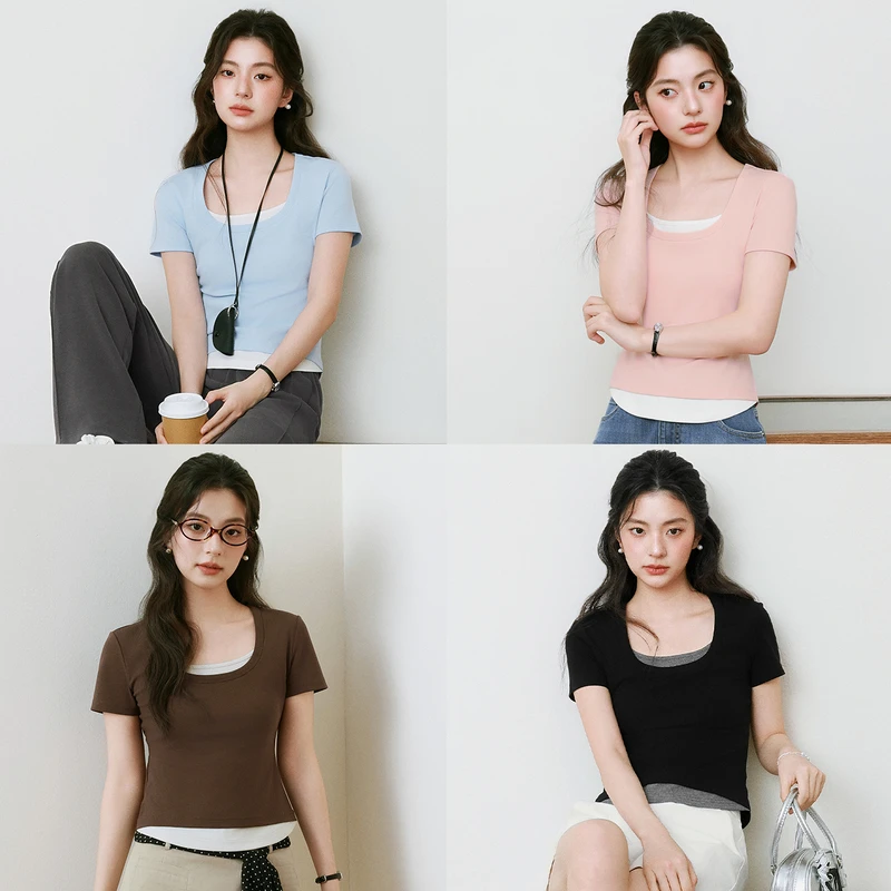 0111【赵老板专属】诗凡黎假两件撞色瑜伽T恤25春收腰短修身短袖