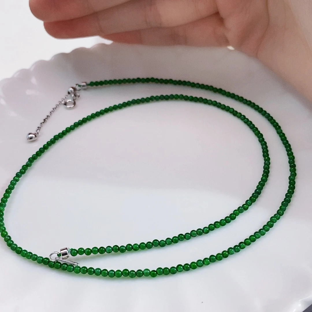 颈饰未镶嵌翡翠缅料天然一级菠菜绿项链2.5m m