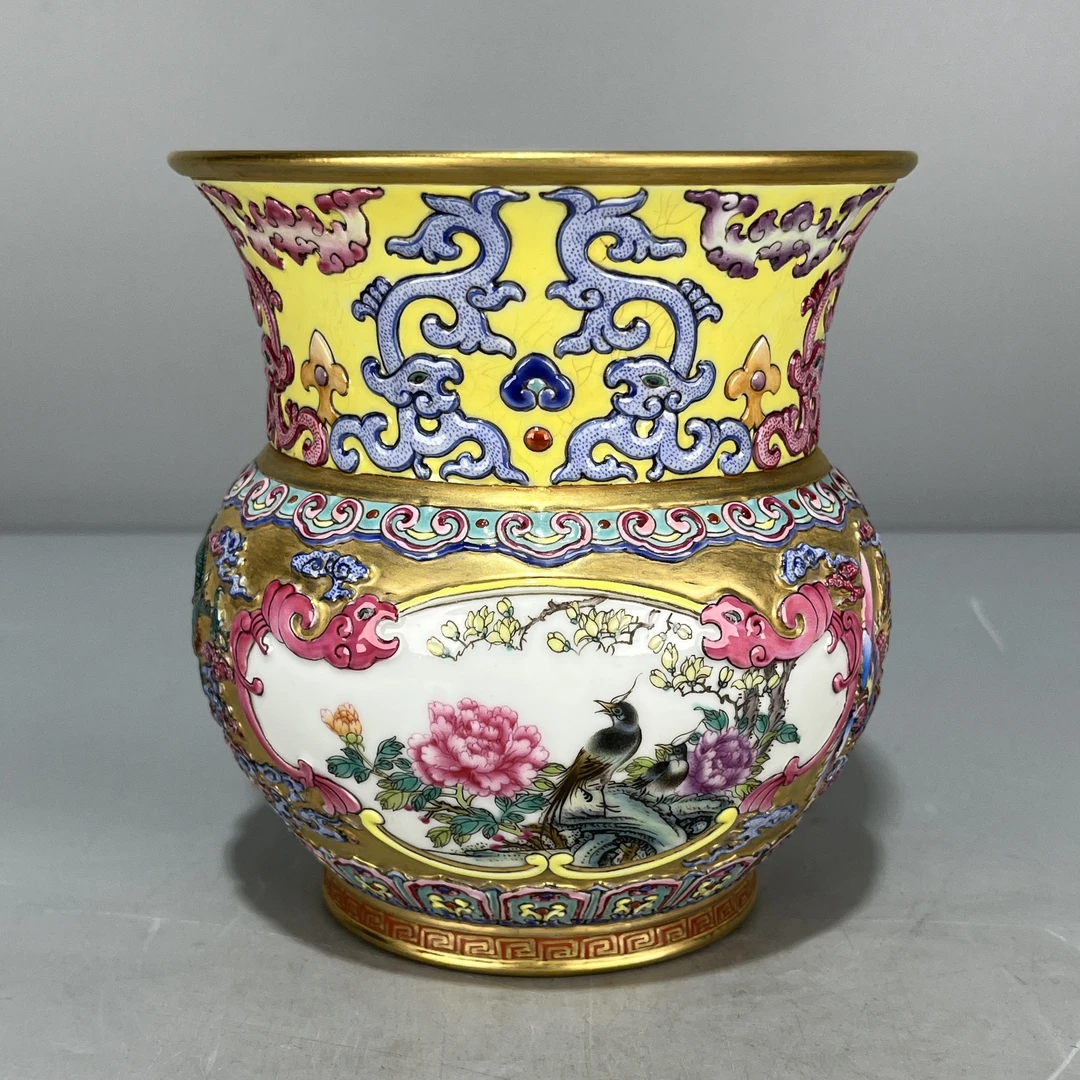 当代仿制 仿古大清乾隆年制金地浮雕开光花鸟龙凤纹陶瓷渣斗