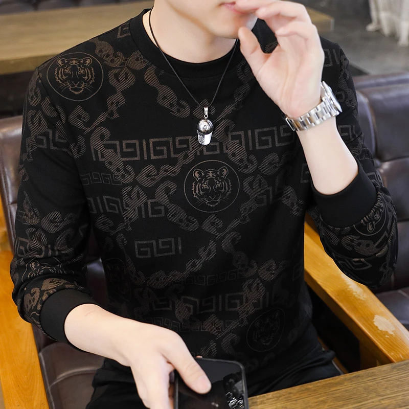 新款男士圆领卫衣帅气百搭套头宽松潮流长袖上衣打底衫8323