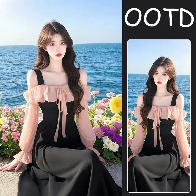 2025春秋新款多巴胺绝美裙气质修身海边度假黑色荷叶边拼接连衣裙