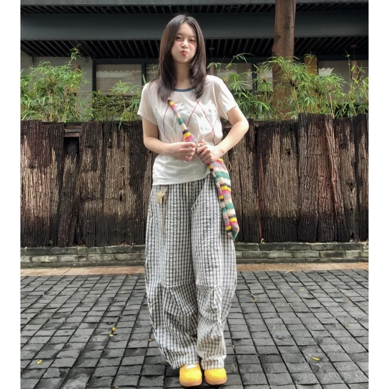 180高个子175加长弯刀休闲裤女夏薄款高腰宽松垂感格子阔腿拖地裤