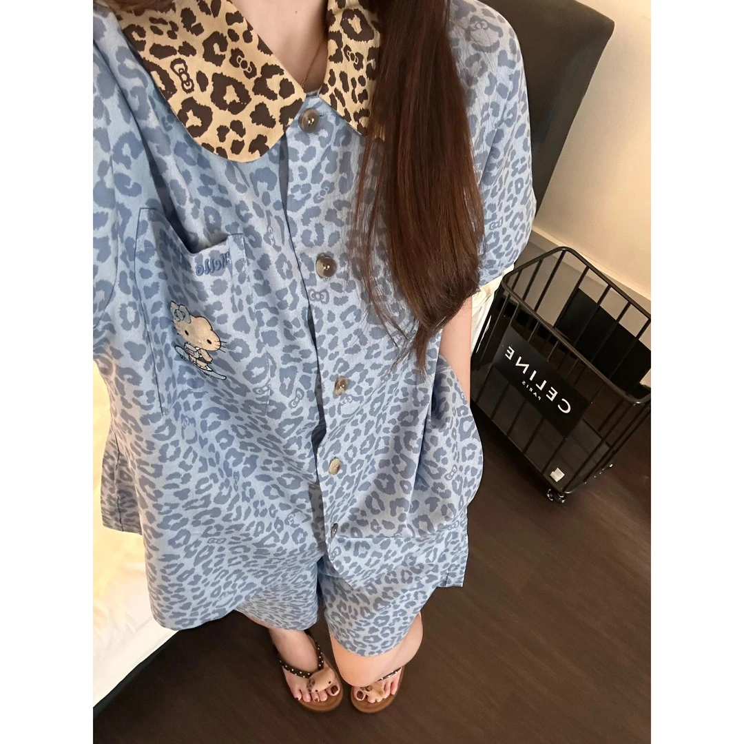 高级感Kitty豹纹短袖睡衣女夏季新款网红风冰丝大码套装家居服夏