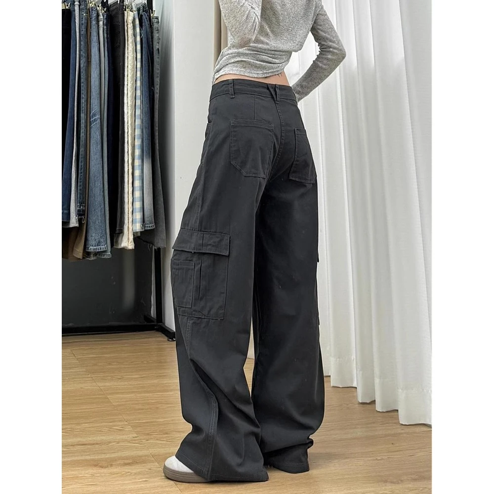 美式复古深灰色阔腿工装裤女秋季新款设计感宽松显瘦直筒牛仔裤子