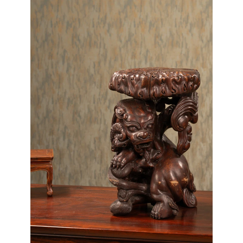 清红木整挖瑞兽衔灵芝器座古董收藏
