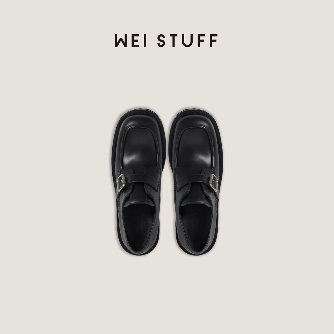 WEI STUFF “气垫鞋”黑色丝绸牛皮时尚高跟皮扣乐福休闲鞋 8253