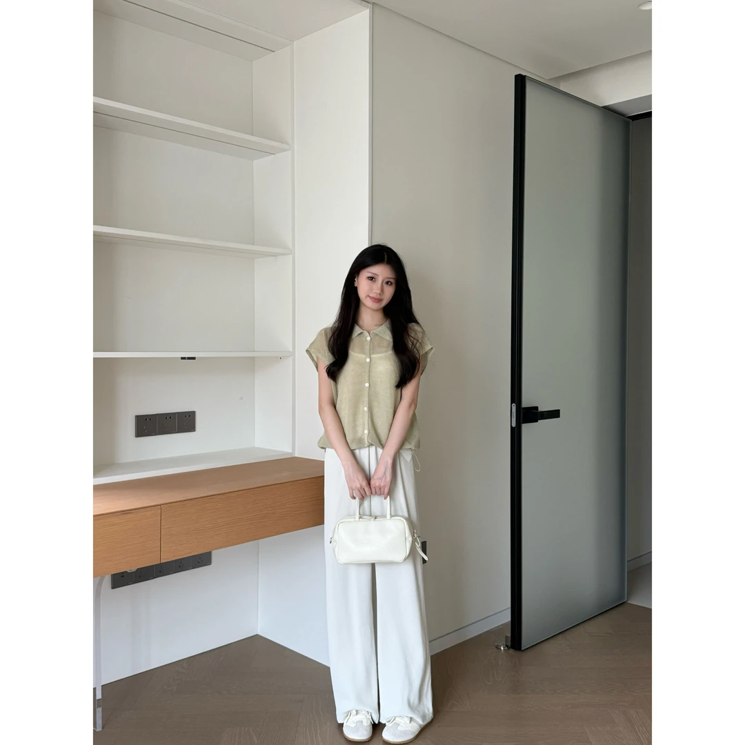 韩系小翻领针织短袖上衣薄款修身显瘦百搭上衣2025夏新款