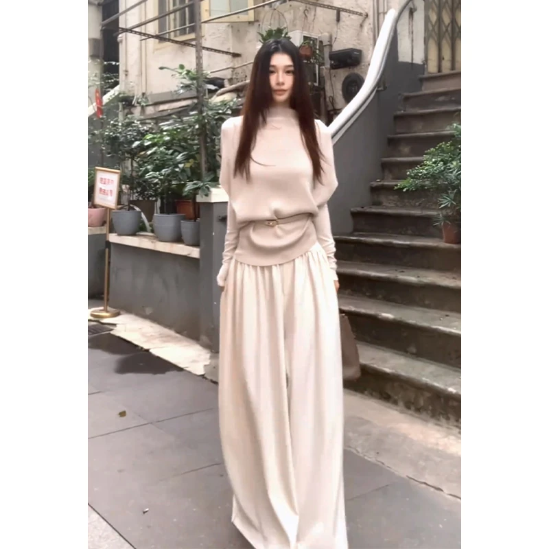 秋季法式设计感宽松毛衣罩衫长袖内搭上衣高腰阔腿长裤套装X11411