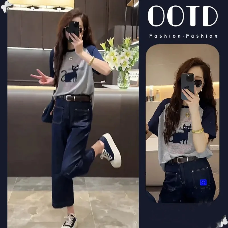 2025夏季时尚套装圆领减龄机灵猫短袖宽松显瘦阔腿牛仔裤两件套女