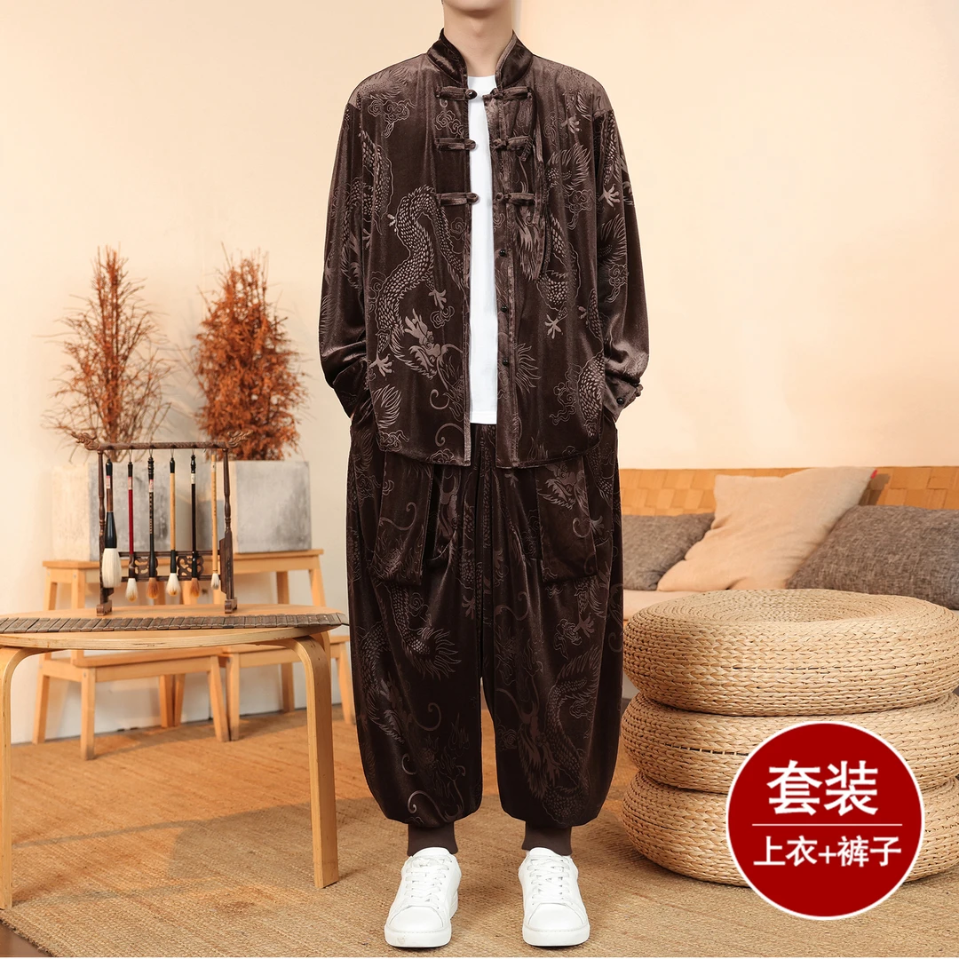 秋季中国风龙纹提花唐装男士金丝绒套装复古潮牌束脚哈伦裤两件套
