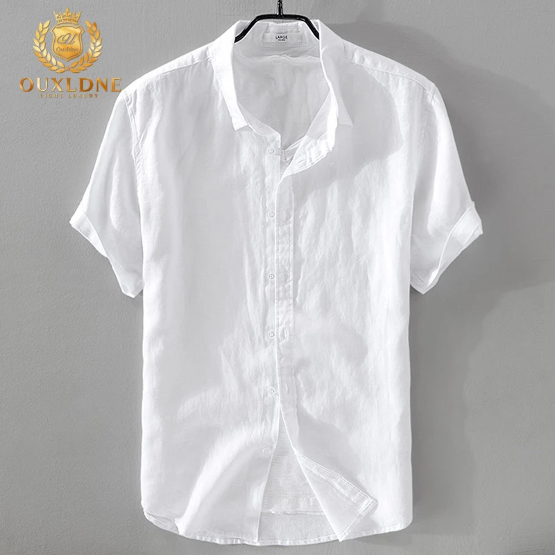 OUXLDNE夏季亚麻短袖衬衫领t恤男装半袖上衣休闲薄纯色款修身衬衣
