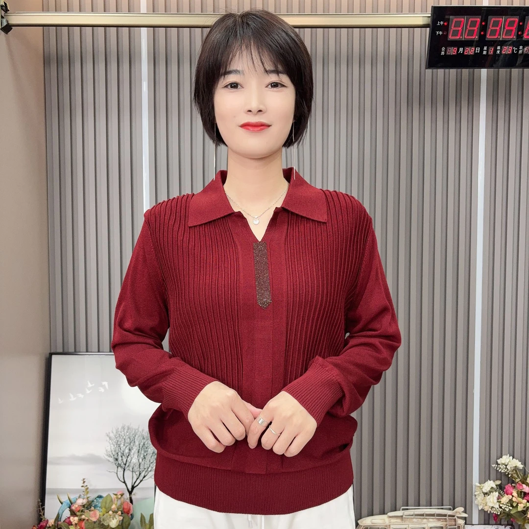 【LU-JIE 03】妈妈装中老年女装优雅女人秋季条钻领百搭衫时尚洋气