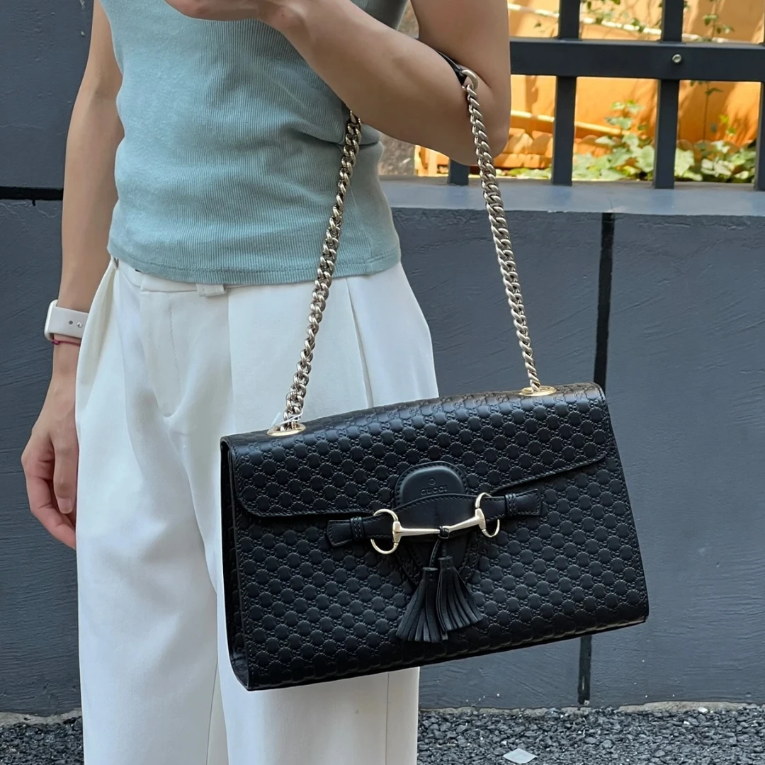 95新 GUCCI/古驰 Gucci黑色暗纹老花Emily