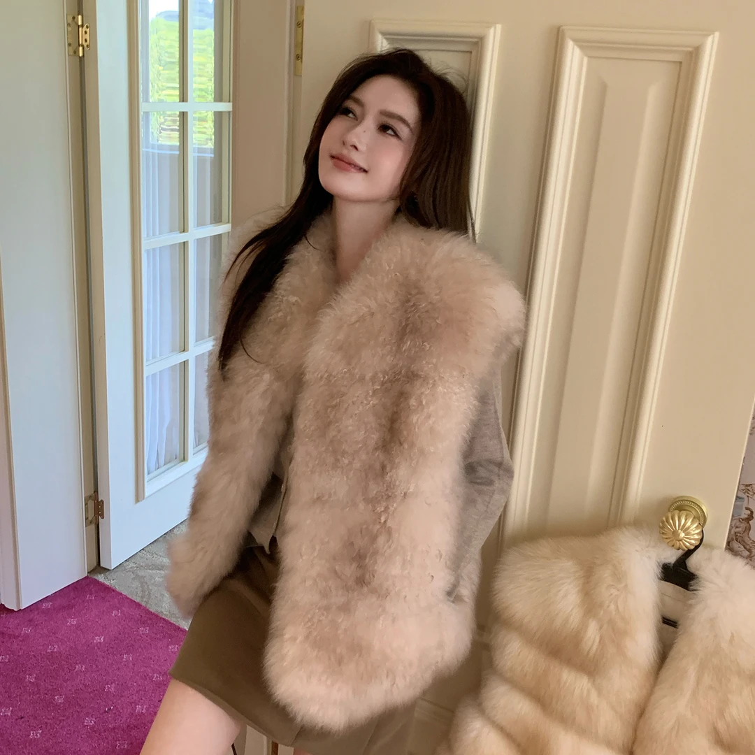 UPFURS山羊绒皮草马甲女短款皮毛一体羊毛背心2025冬季新款25248