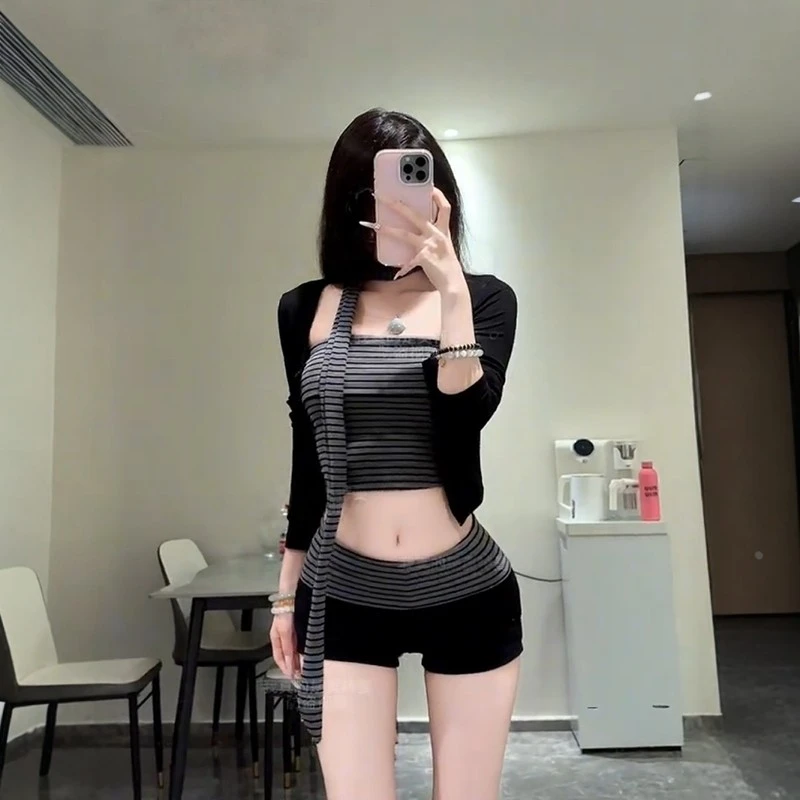 美式复古辣妹条纹抹胸背心短款开衫性感紧身短秋阔腿裤套装两件套