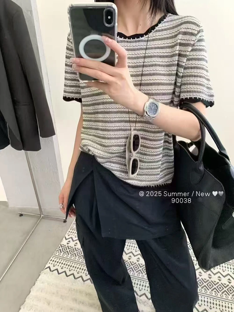 水洗短袖气质条纹毛针织衫格子镂空吸汗格纹设计师女2491