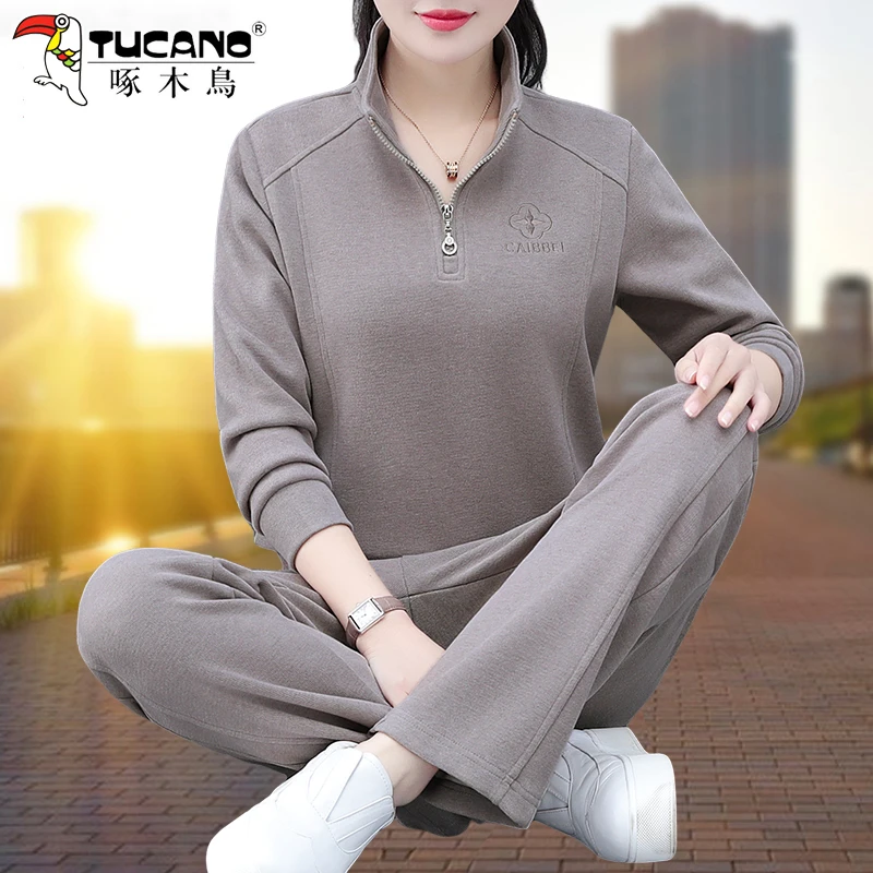 啄木鸟大码半拉链运动套装女春秋新款时尚洋气中年妈妈休闲两件套