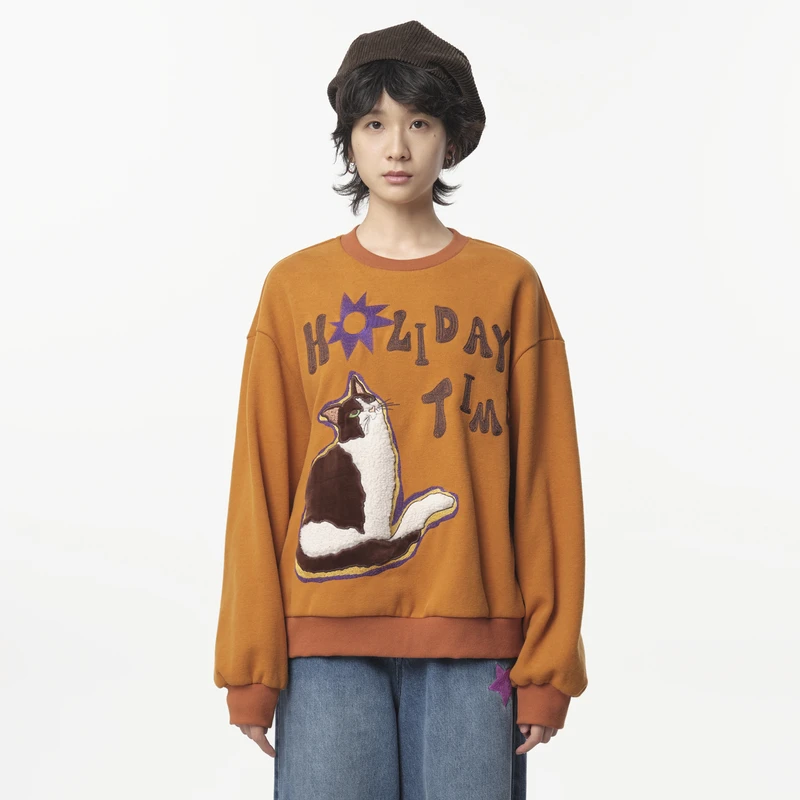 MOVEUP幻走2024冬季新款.FUN 加绒牛奶猫绣花短款卫衣女324410527