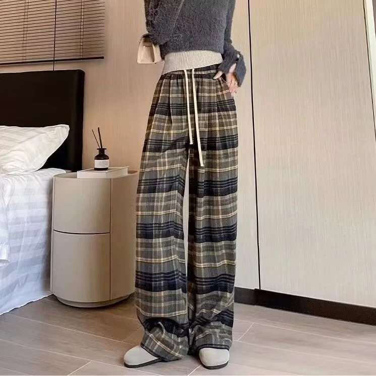 黄色格子裤子夏季高腰小个子垂感休闲裤慵懒薄款复古直筒阔腿裤