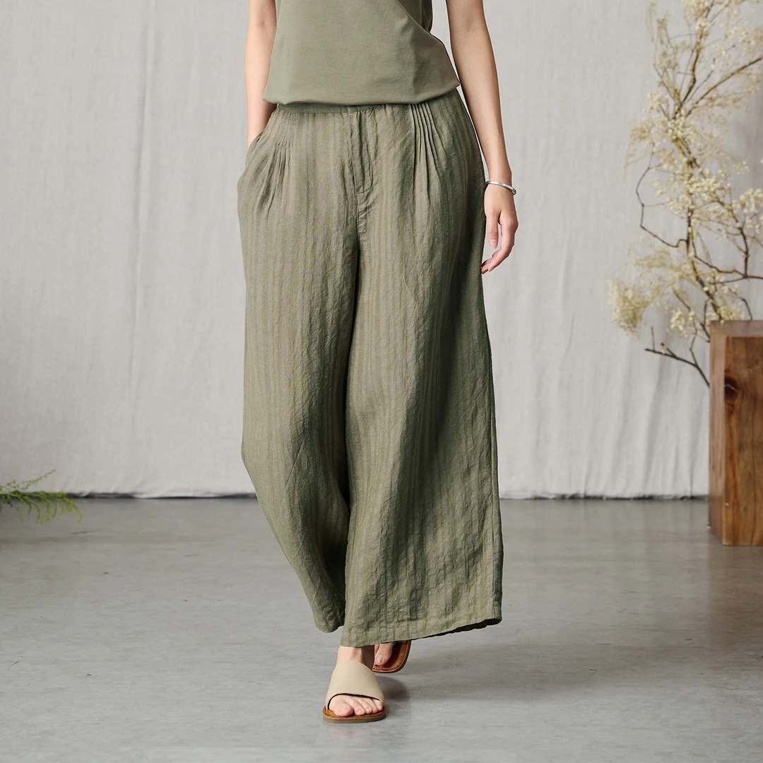 Q.TU21英支色织条纹亚麻直筒裤4595夏日文艺简洁百搭松弛感阔腿裤