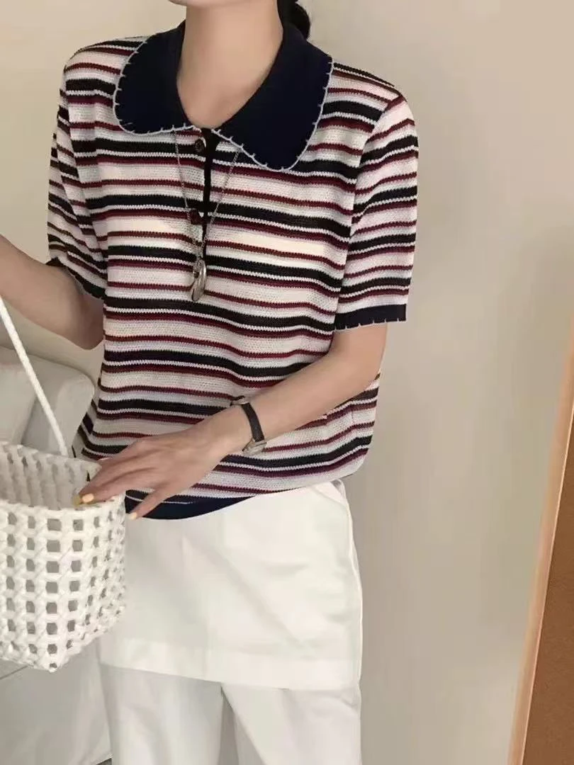 高端2025早春新款时尚翻领条纹蝴蝶刺绣短袖T恤上衣女1630