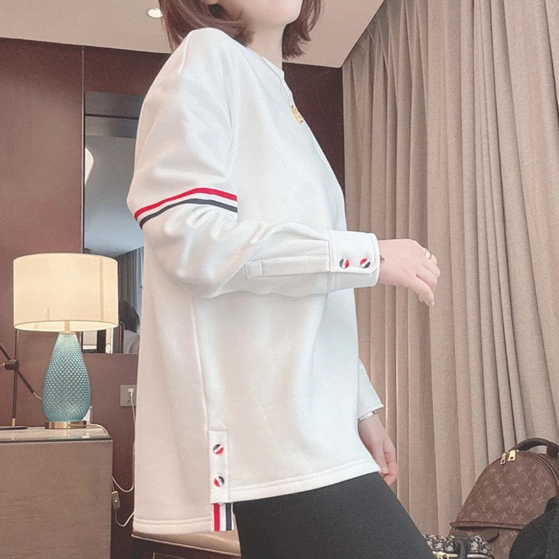 加绒白色卫衣女新款2024年爆款中长款时尚洋气设计感拼色长袖上衣