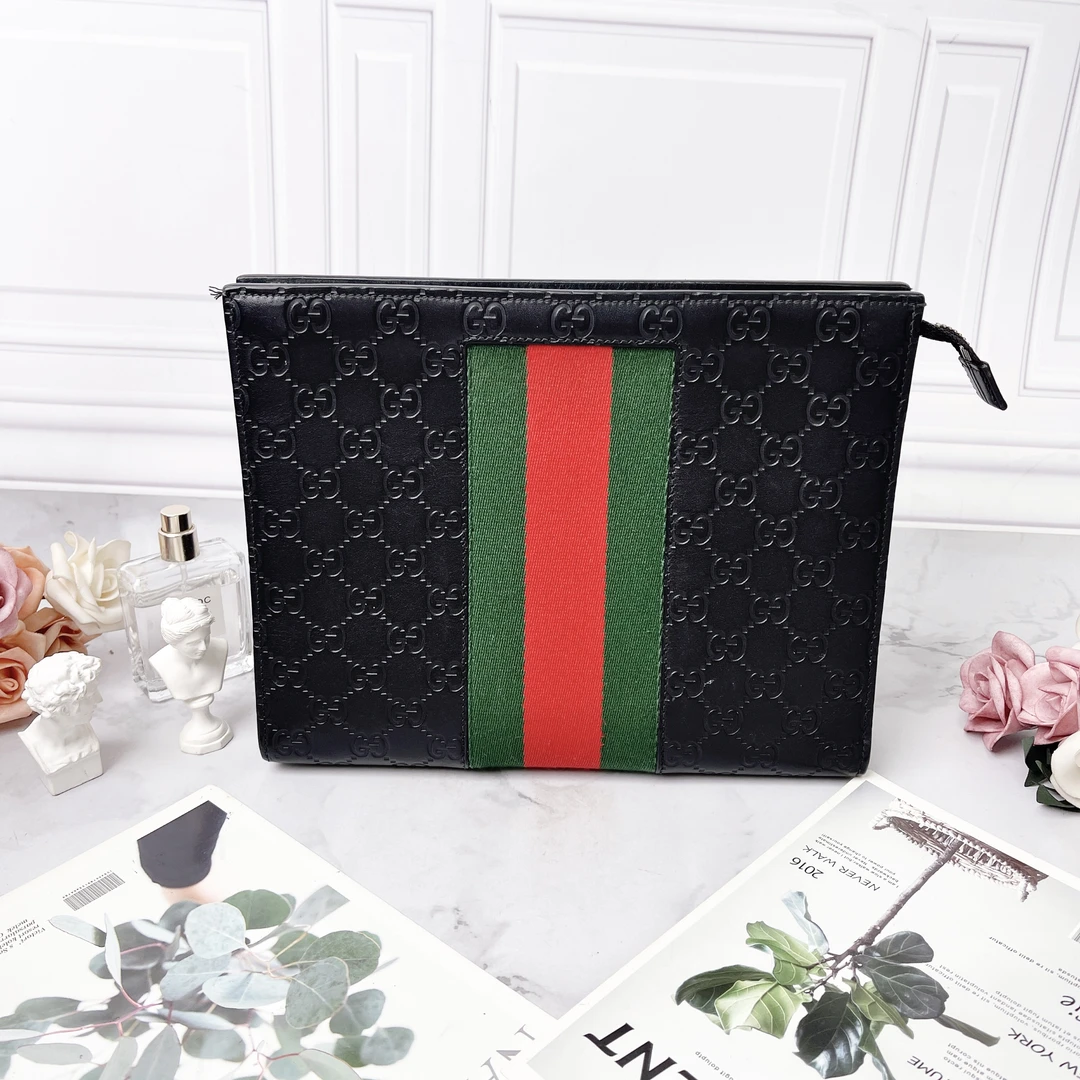 95新 GUCCI/古驰 GUCCI /古驰经典满logo皮压花红蓝条拉链手