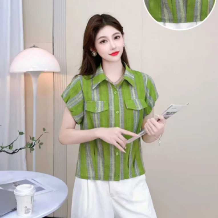 夏季新款高级感洋气宽松薄款气质上衣条纹时尚百搭设计感短袖衬衫
