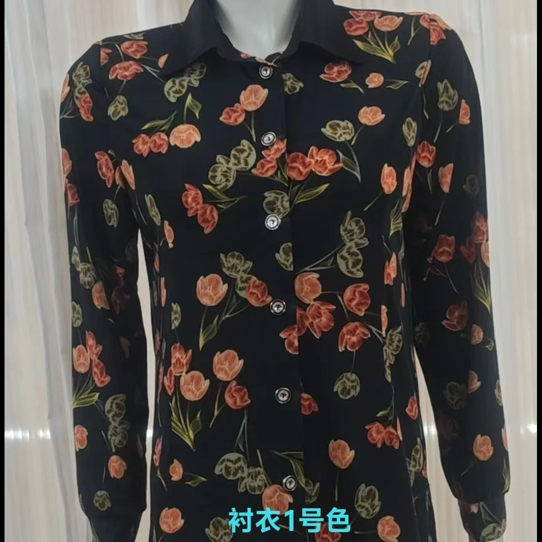 夏季新款长袖小碎花衬衫中老年加大码上衣