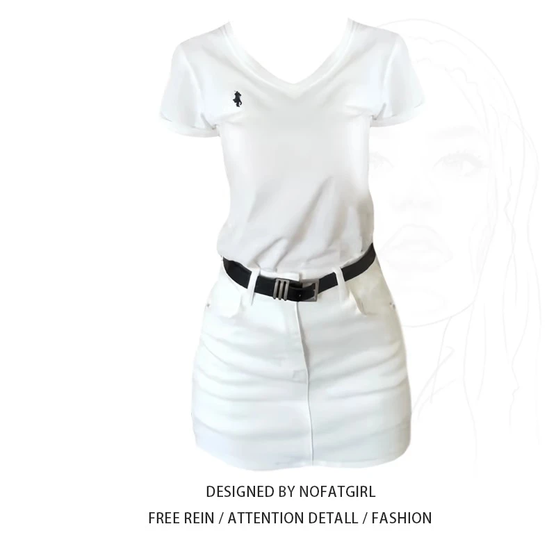 大码胖MM韩系休闲穿搭白色V领短袖上衣女高腰显瘦a字短裙气质套装