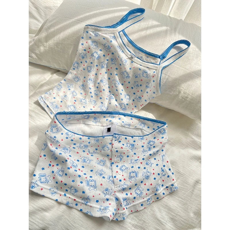 纯欲小白象撞色蓝调吊带睡衣三件套女款夏季辣妹家居服可外穿套装