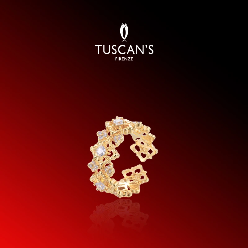 铜合金合成锆石戒指 气质轻奢复古精致镶钻法式可调节开口戒指