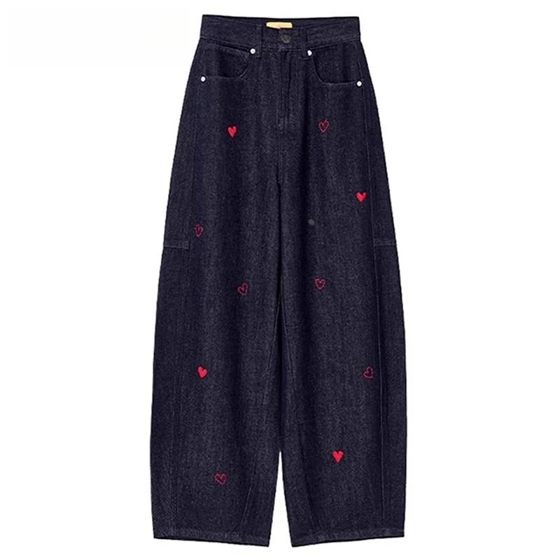 美式复古爱心刺绣阔腿牛仔裤女夏季遮胯宽松显瘦百搭镰刀牛仔裤