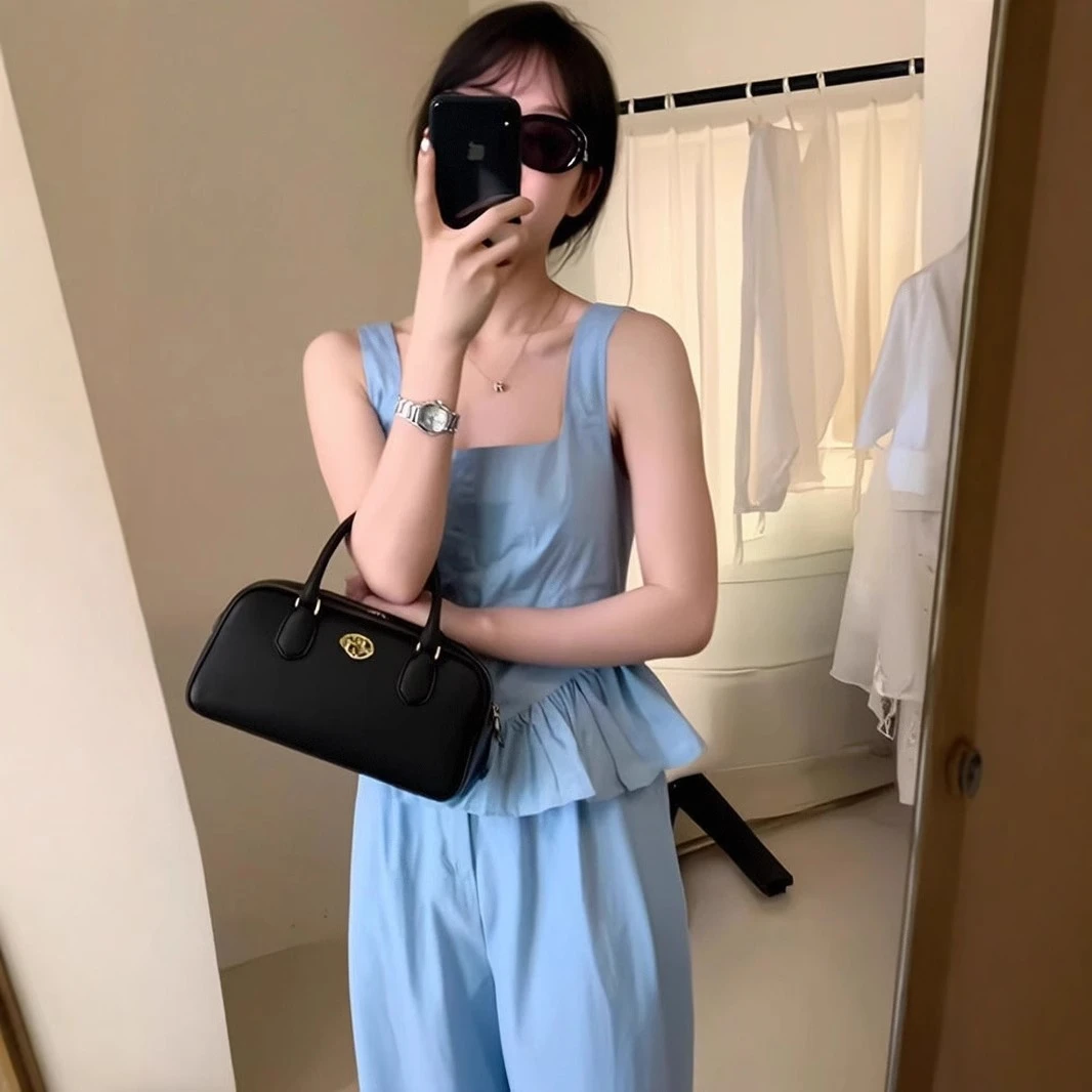 高级感蓝色吊带套装女夏季韩系度假甜美花苞无袖上衣阔腿裤两件套