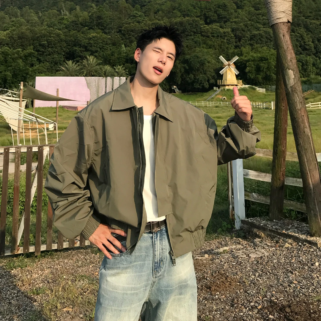 Holocene美式潮牌秋季飞行员夹克男生翻领痞帅短款廓形外套W2603