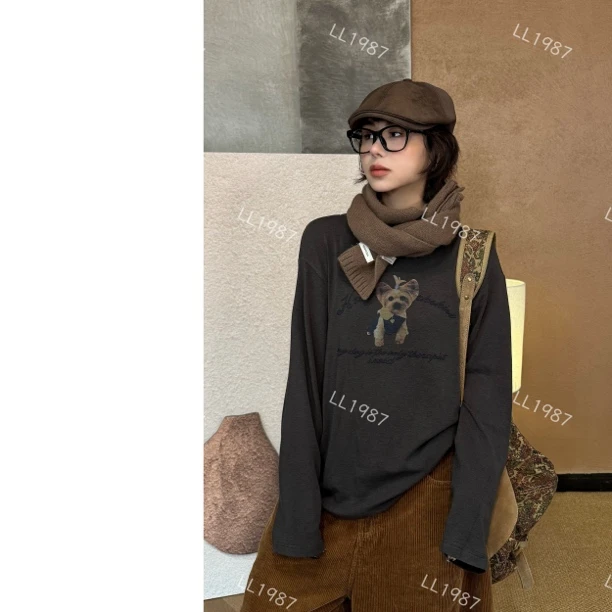 HY罗罗【穿衣服小狗】春秋韩版百搭显瘦小狗T恤设计师款印花秋季