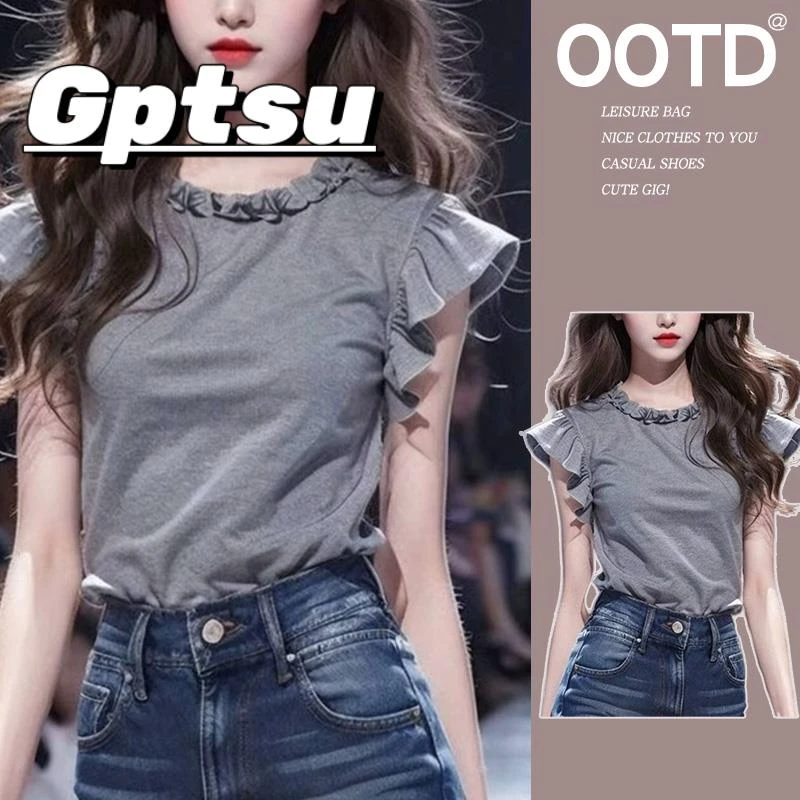 GPTSu夏季独特上衣超好看漂亮小衫法式圆领木耳边灰色小飞袖t恤女