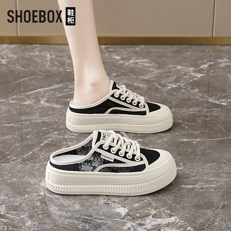 SHOEBOX鞋柜网面包头凉拖女夏外穿2025春季新款超火半拖小白鞋