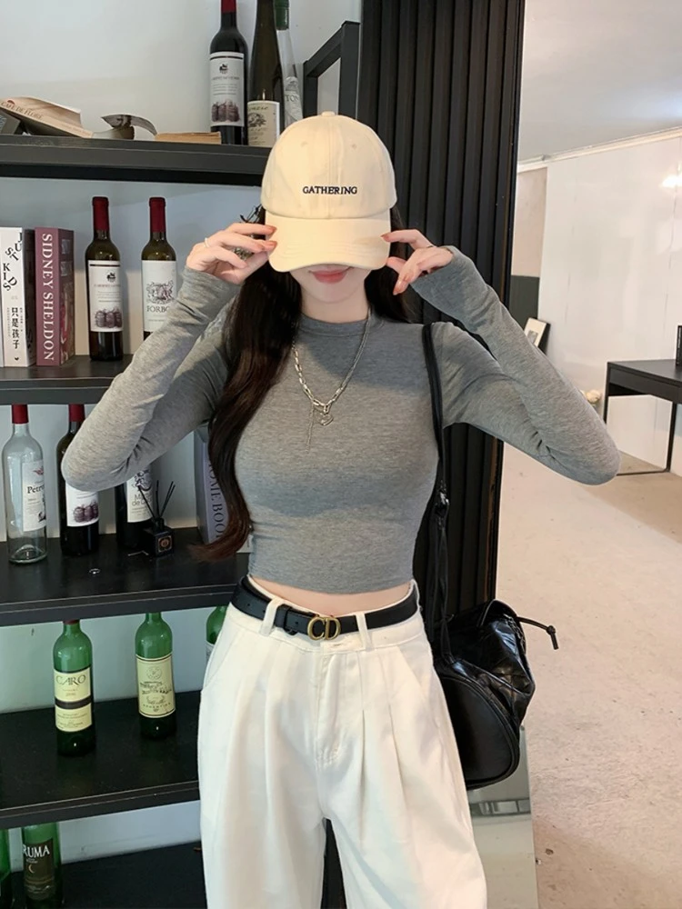 美式辣妹小个子高腰短款纯色圆领紧身长袖T恤女正肩修身打底上衣
