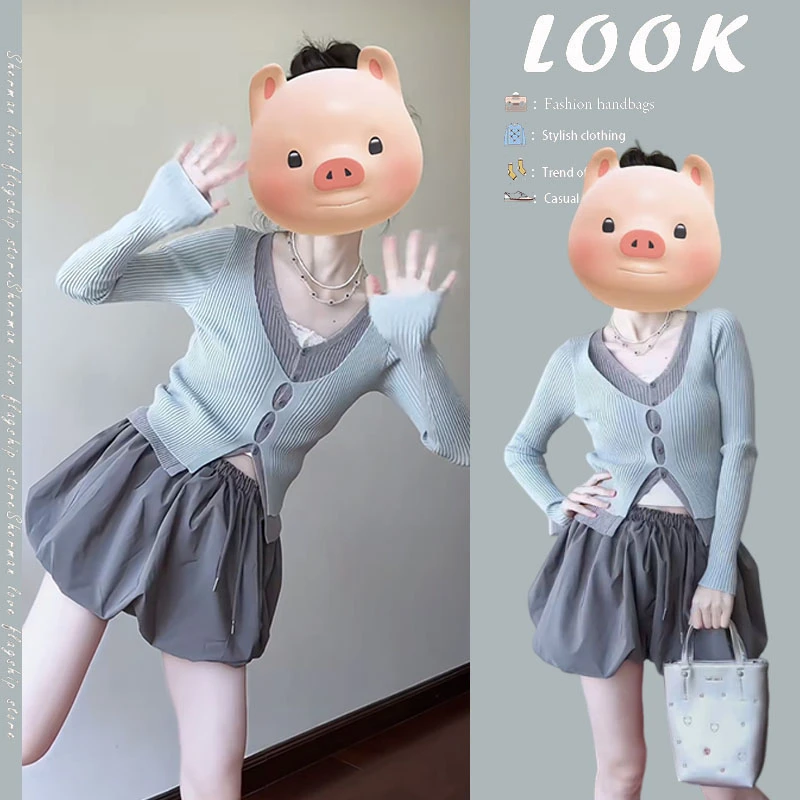 春季穿搭一整套2025新款修身显瘦假两件针织上衣花苞短裙两件套装