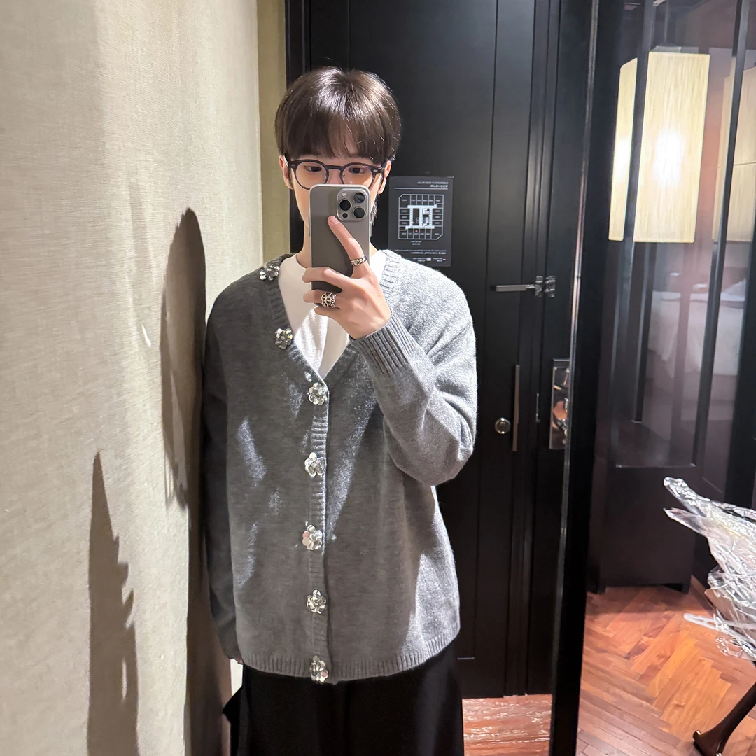 高林凡 花朵点缀/v领开衫毛衣男女同款慵懒风百搭针织外套