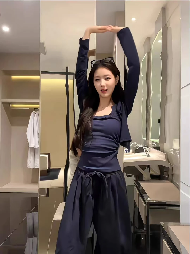 早秋新款慵懒风防晒外套内搭吊带高腰阔腿裤时尚休闲三件套7155