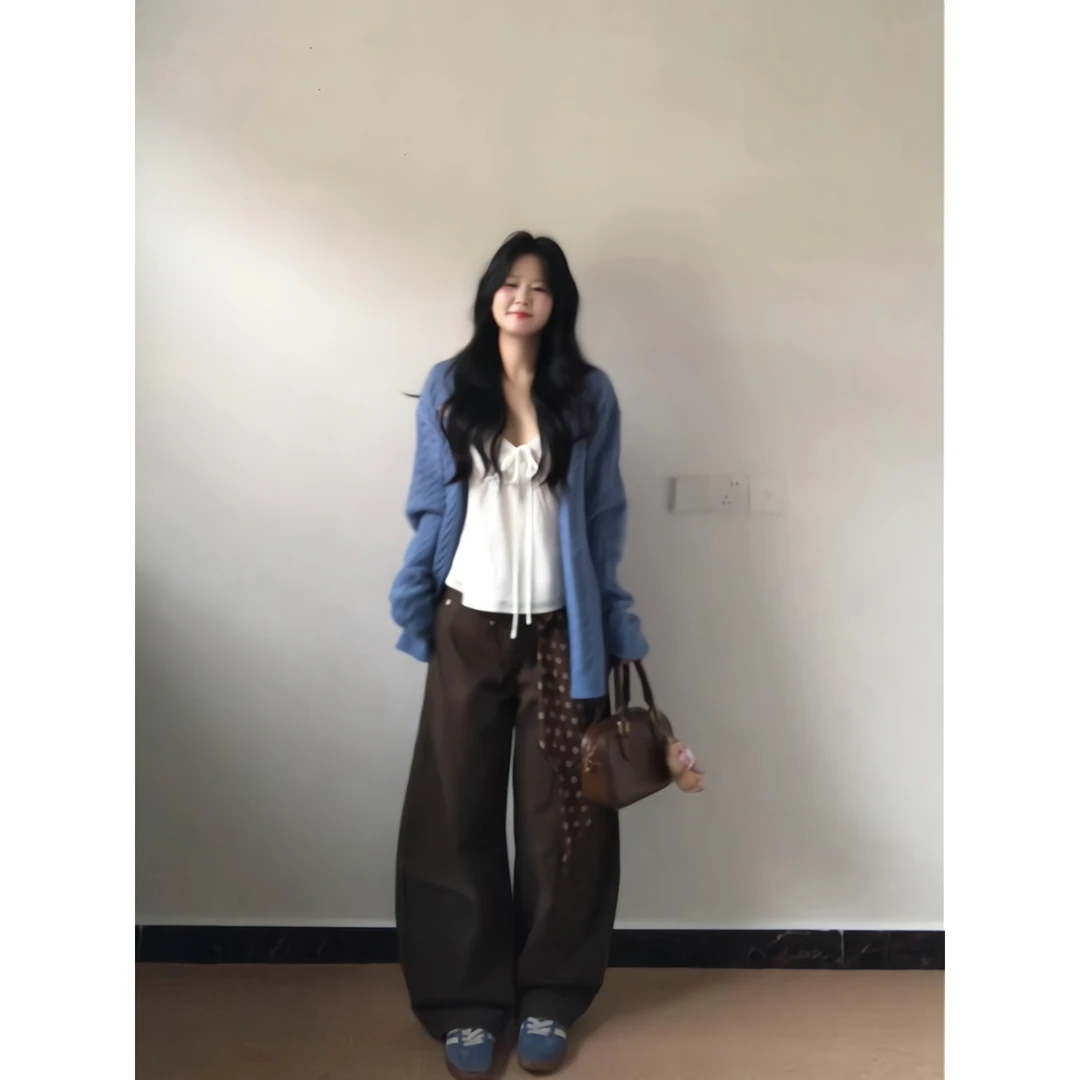 法式纯欲学院风长袖毛衣开衫外套女秋季微胖mm复古阔腿休闲裤套装