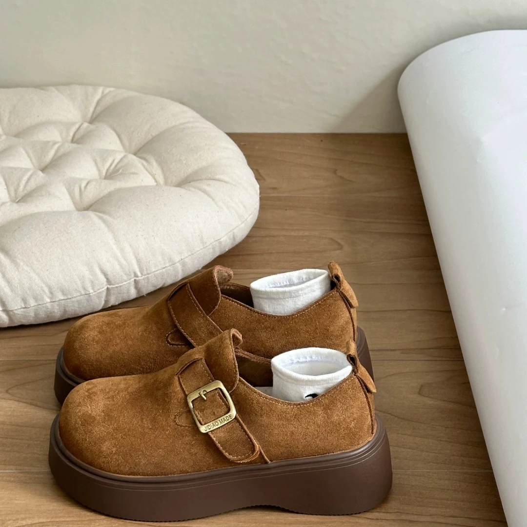 【新疆包邮】C55 厚底复古勃肯鞋薄绒款魔术贴一脚蹬棉鞋