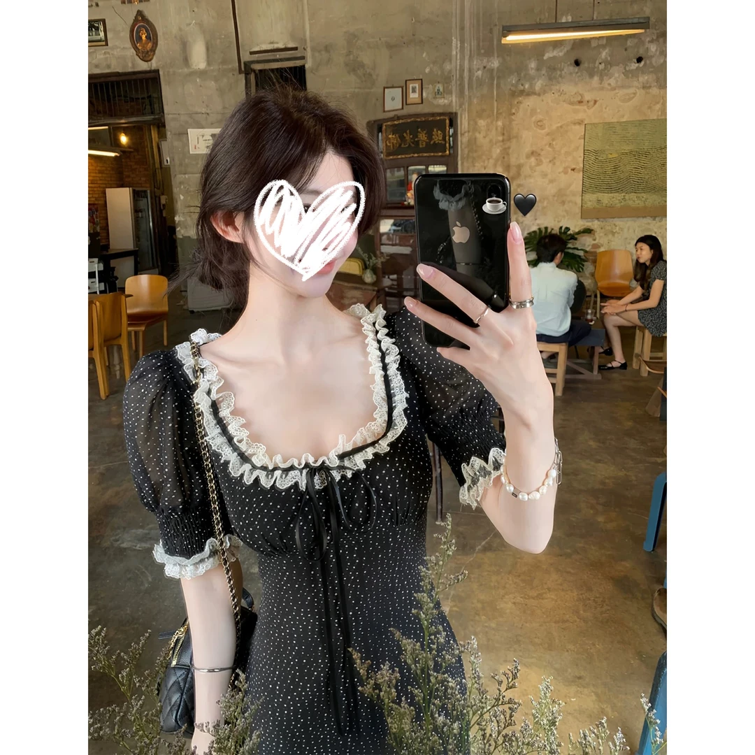 白塔玫瑰 大U领花边连衣裙女早春韩系chic别致穿搭长裙 8635#