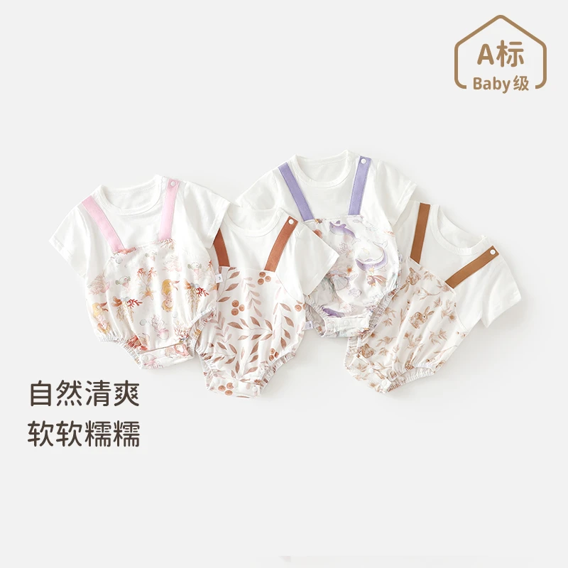 【萌】婴儿夏季短袖包屁衣新生儿假两件背带三角哈衣宝宝可爱连体衣