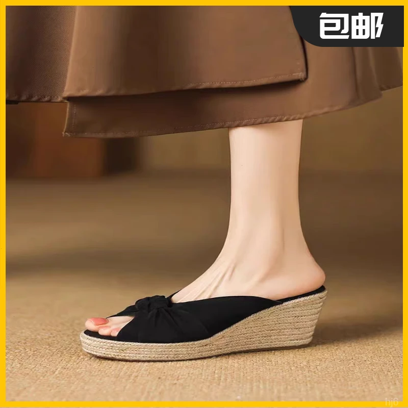 罗马草编坡跟拖鞋女2025夏新款外穿一字拖增高厚底凉拖鞋高跟凉鞋